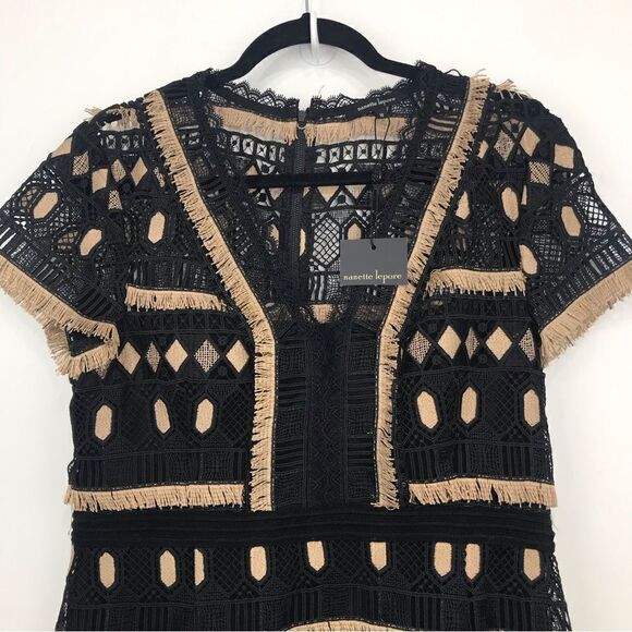 Nanette Lepore Black Tan EFFORTLESS Geo-Lace Fringed Geometric Sheath Dress - Picture 6 of 16